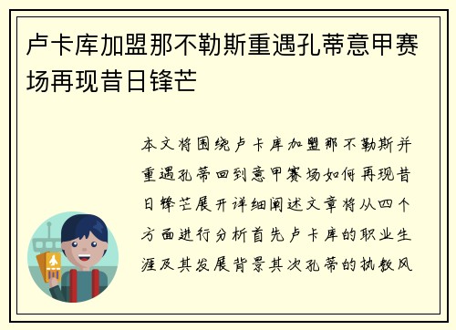 卢卡库加盟那不勒斯重遇孔蒂意甲赛场再现昔日锋芒