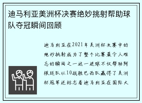 迪马利亚美洲杯决赛绝妙挑射帮助球队夺冠瞬间回顾