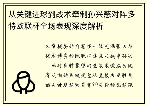 从关键进球到战术牵制孙兴慜对阵多特欧联杯全场表现深度解析